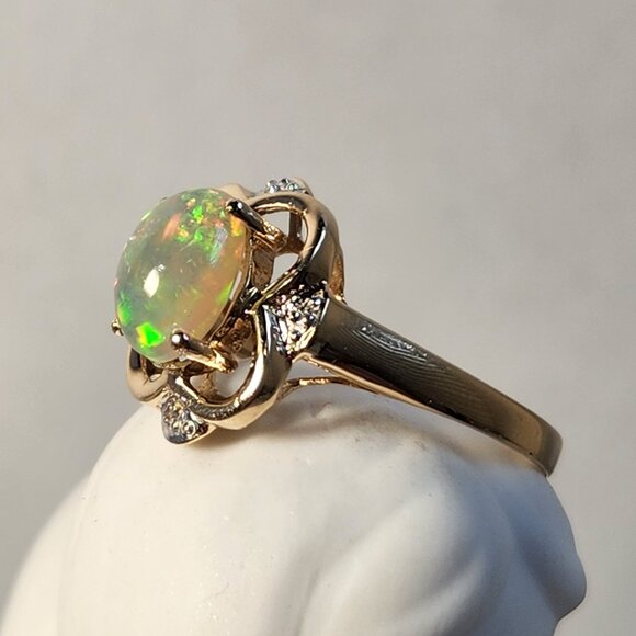 14K Gold Signed -Clear- Natural Genuine High Grade Australian Opal Ring Sz 7 - Picture 3 of 15